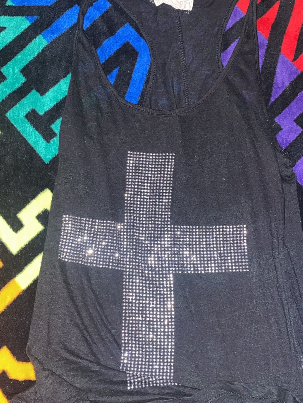 Y2K Forever 21 Black Tank Top with Silver Studded Cross